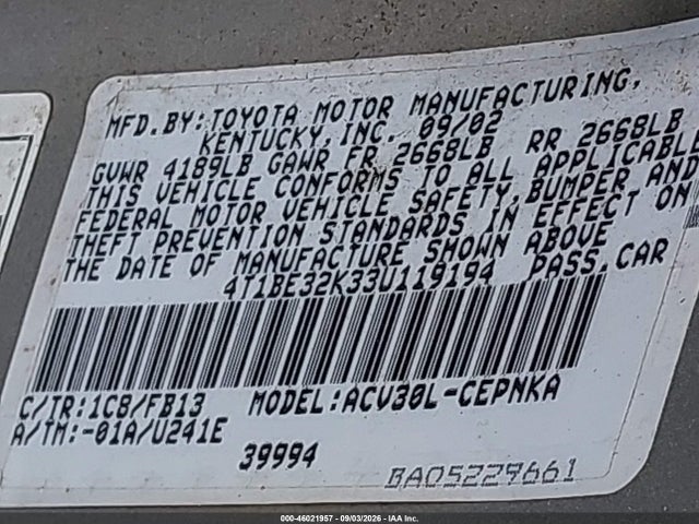 Продаж на аукціоні авто 2003 Toyota Camry Le, vin: 4T1BE32K33U119194, номер лоту: 46021957