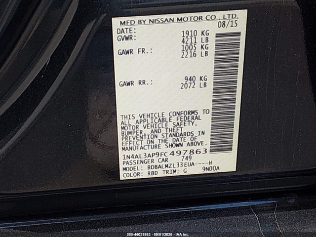 Продажа на аукционе авто 2015 Nissan Altima 2.5 Sv, vin: 1N4AL3AP9FC497863, номер лота: 46021963
