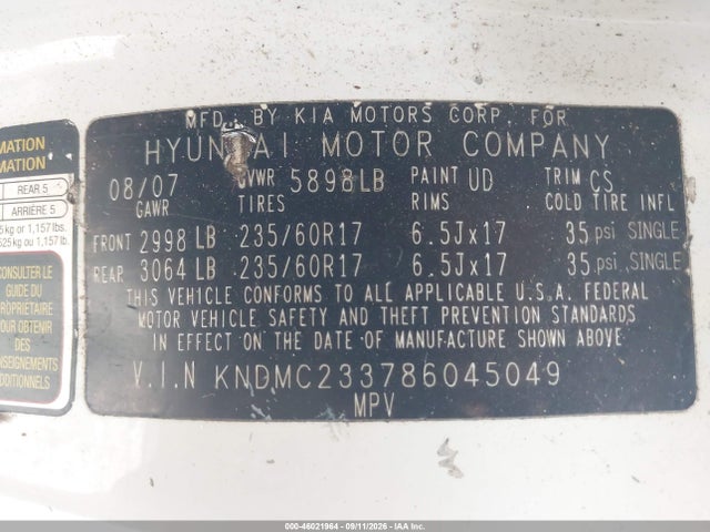 Продаж на аукціоні авто 2008 Hyundai Entourage Gls/limited, vin: KNDMC233786045049, номер лоту: 46021964