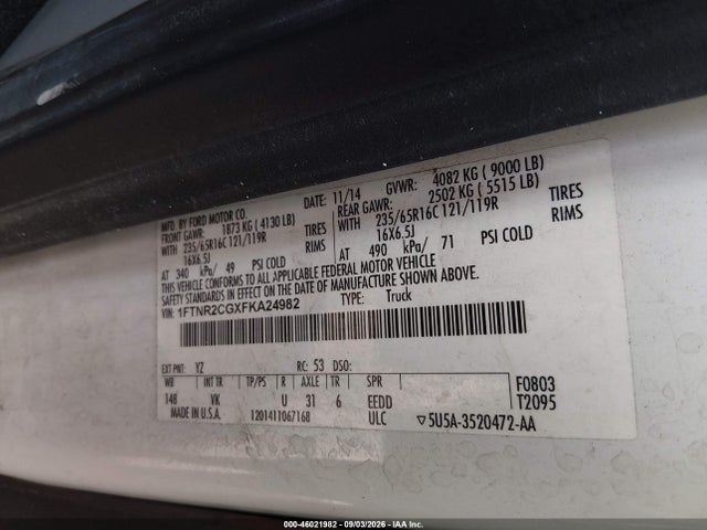 46021982 :رقم المزاد ، 1FTNR2CGXFKA24982 vin ، 2015 Ford Transit-250 مزاد بيع