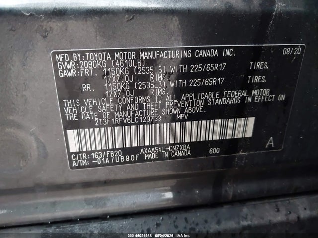 Продажа на аукционе авто 2020 Toyota Rav4 Le, vin: 2T3F1RFV6LC129733, номер лота: 46021988