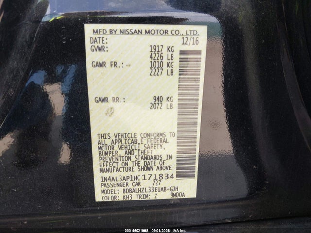 46021998 :رقم المزاد ، 1N4AL3AP1HC171834 vin ، 2017 Nissan Altima 2.5 Sr مزاد بيع
