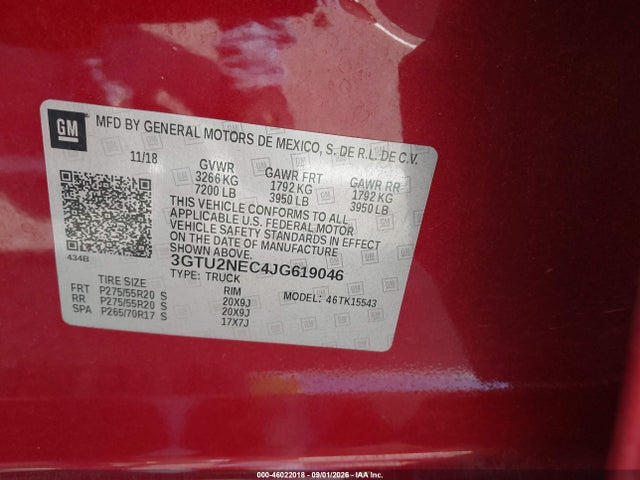 Aukcja sprzedaży 2018 Gmc Sierra 1500 Slt, vin: 3GTU2NEC4JG619046, numer aukcji: 46022018