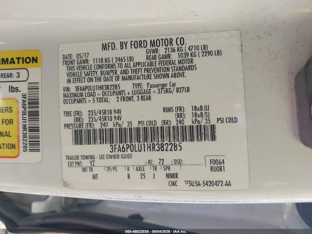 Aukcja sprzedaży 2017 Ford Fusion Hybrid Se, vin: 3FA6P0LU1HR382285, numer aukcji: 46022026