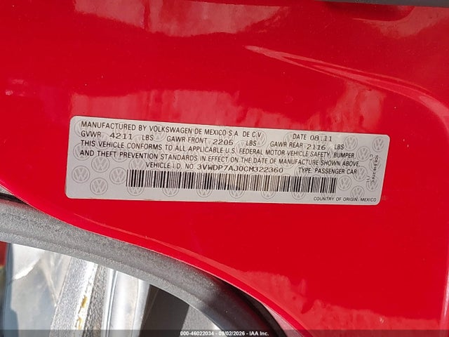 46022034 :رقم المزاد ، 3VWDP7AJ0CM322360 vin ، 2012 Volkswagen Jetta 2.5l Se مزاد بيع