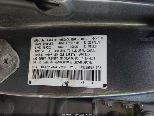 Продаж на аукціоні авто 2010 Honda Accord 2.4 Lx-p, vin: 1HGCP2F41AA122121, номер лоту: 46022044