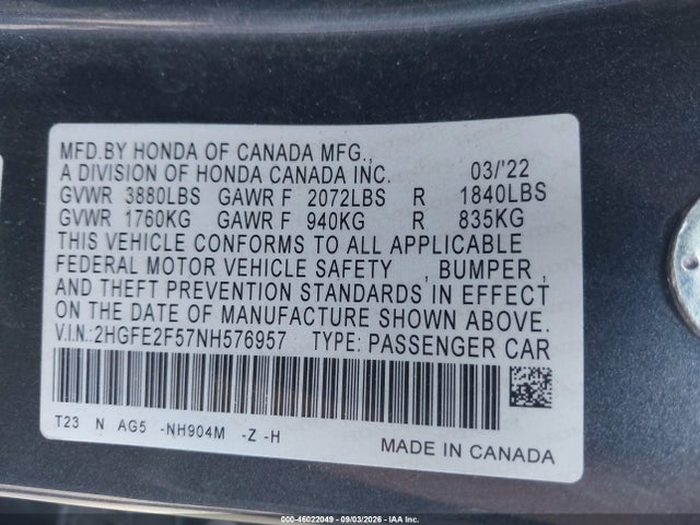 Продажа на аукционе авто 2022 Honda Civic Sport, vin: 2HGFE2F57NH576957, номер лота: 46022049