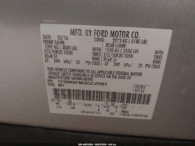 46022064 :رقم المزاد ، 1FM5K8F86GGC47581 vin ، 2016 Ford Explorer Limited مزاد بيع