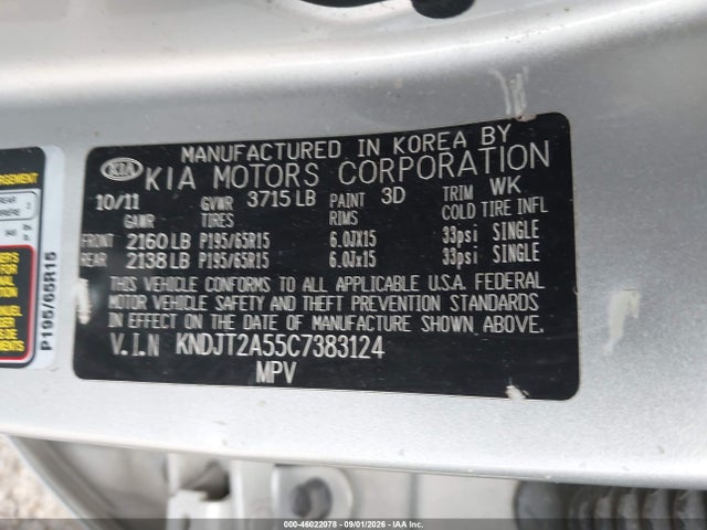 Aukcja sprzedaży 2012 Kia Soul, vin: KNDJT2A55C7383124, numer aukcji: 46022078