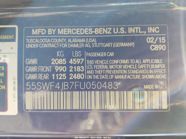46022079 :رقم المزاد ، 55SWF4JB7FU050483 vin ، 2015 Mercedes-benz C 300 مزاد بيع