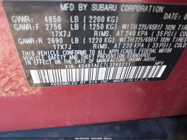 Aukcja sprzedaży 2020 Subaru Outback Premium, vin: 4S4BTAEC7L3260211, numer aukcji: 46022080