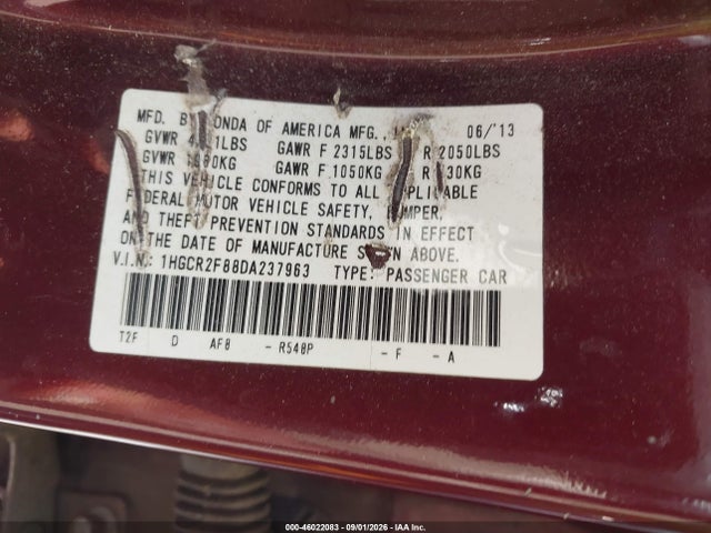 2013 Honda Accord Ex-l მანქანა იყიდება აუქციონზე, vin: 1HGCR2F88DA237963, აუქციონის ნომერი: 46022083