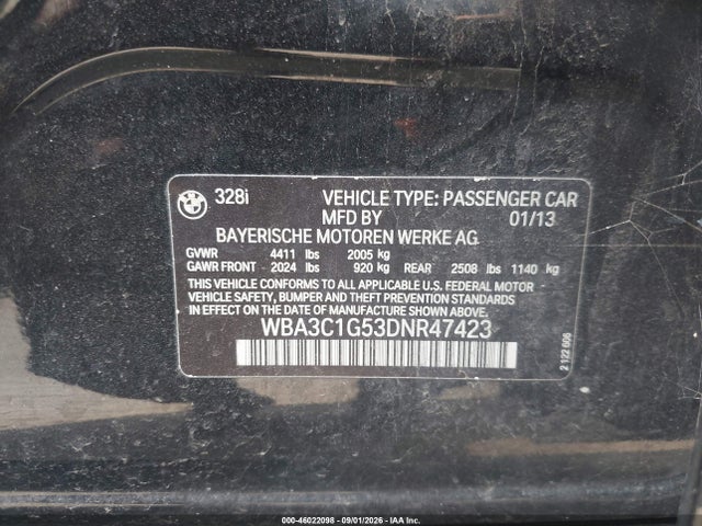 Продаж на аукціоні авто 2013 Bmw 328i, vin: WBA3C1G53DNR47423, номер лоту: 46022098