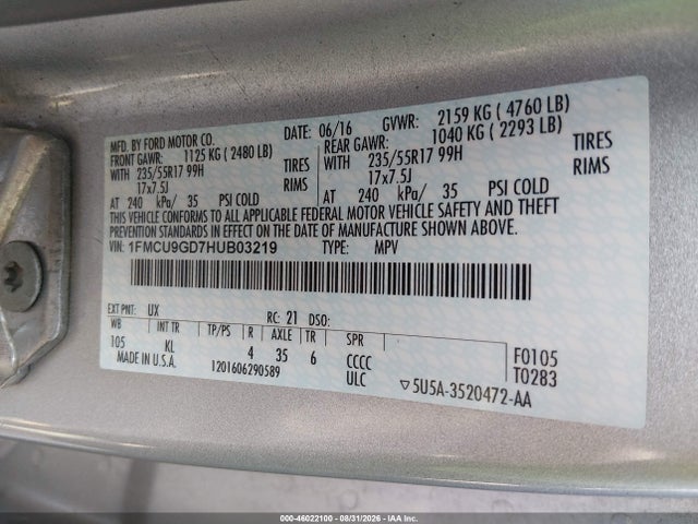 Ford ESCAPE SE 2017 1FMCU9GD7HUB03219 Image 9