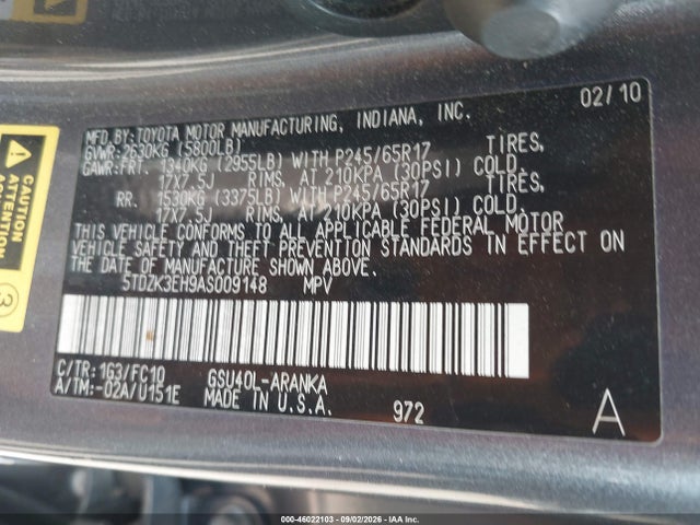 Aukcja sprzedaży 2010 Toyota Highlander Base V6, vin: 5TDZK3EH9AS009148, numer aukcji: 46022103