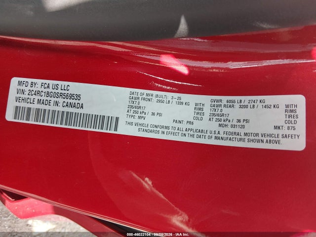 Продажа на аукционе авто 2025 Chrysler Pacifica Select, vin: 2C4RC1BG0SR569535, номер лота: 46022104