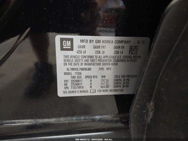 46022112 :رقم المزاد ، KL79MVSL7NB096380 vin ، 2022 Chevrolet Trailblazer Fwd Activ مزاد بيع