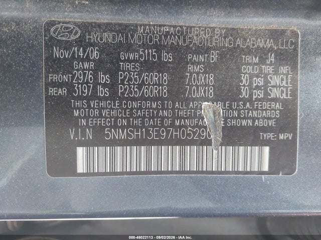 Продажа на аукционе авто 2007 Hyundai Santa Fe Limited/se, vin: 5NMSH13E97H052901, номер лота: 46022113