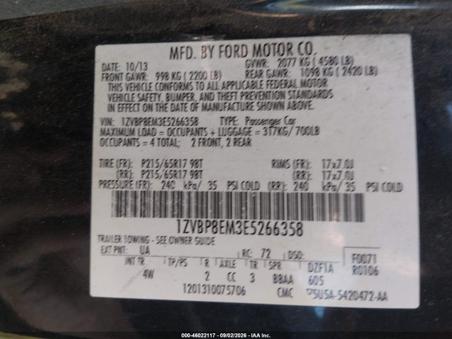Продажа на аукционе авто 2014 Ford Mustang V6 Premium, vin: 1ZVBP8EM3E5266358, номер лота: 46022117