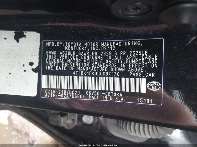 Продажа на аукционе авто 2012 Toyota Camry Se V6, vin: 4T1BK1FK0CU007170, номер лота: 46022119