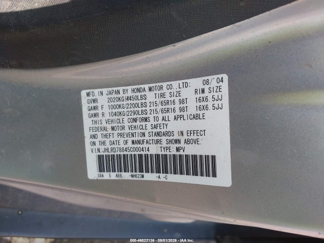 Aukcja sprzedaży 2005 Honda Cr-v Ex, vin: JHLRD78845C000414, numer aukcji: 46022136