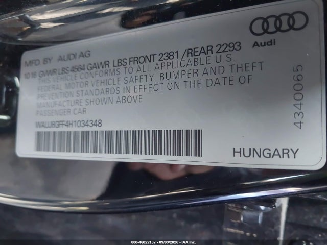 Продаж на аукціоні авто 2017 Audi A3 2.0t Premium, vin: WAUJ8GFF4H1034348, номер лоту: 46022137