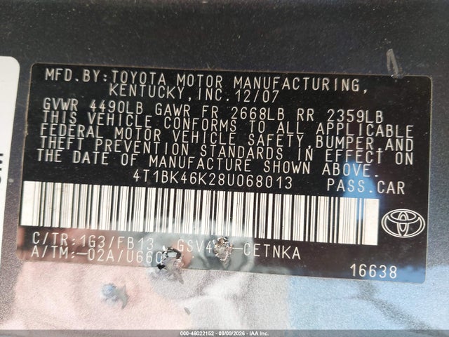 Продаж на аукціоні авто 2008 Toyota Camry Le V6, vin: 4T1BK46K28U068013, номер лоту: 46022152