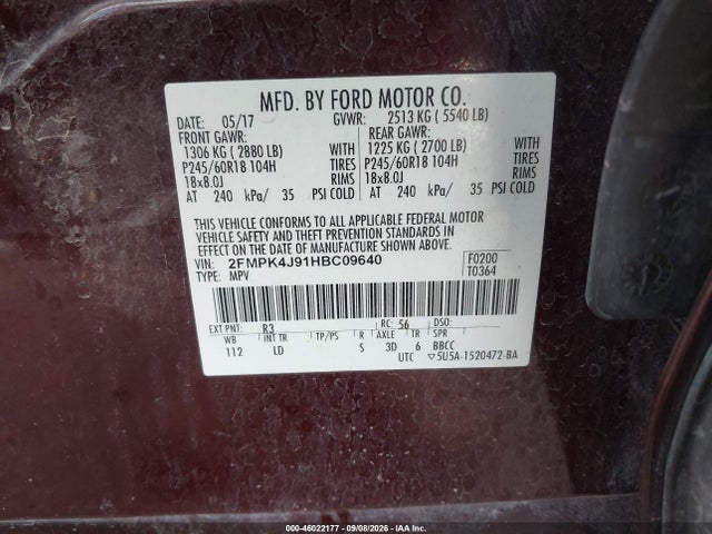 Aukcja sprzedaży 2017 Ford Edge Sel, vin: 2FMPK4J91HBC09640, numer aukcji: 46022177