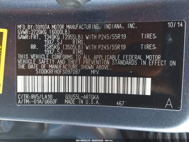 Продаж на аукціоні авто 2015 Toyota Highlander Limited Platinum V6, vin: 5TDDKRFH0FS097087, номер лоту: 46022179