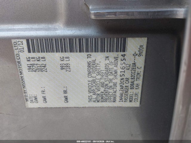 Продажа на аукционе авто 2012 Nissan Altima 2.5 S, vin: 1N4AL2AP2CN516554, номер лота: 46022181