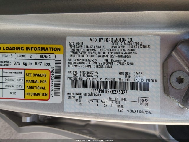 Ford Fusion Hybrid Se 2019 3FA6P0LU5KR275327 Image 9