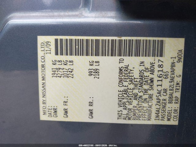 Aukcja sprzedaży 2010 Nissan Altima 2.5 S, vin: 1N4AL2AP5AC116187, numer aukcji: 46022185