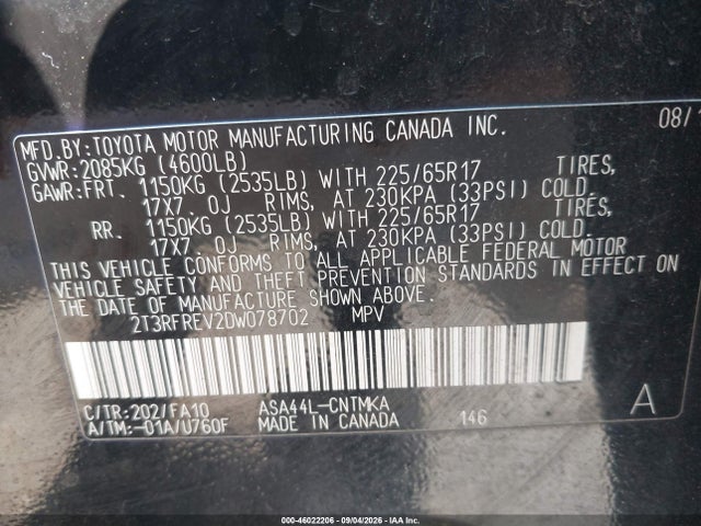 2013 Toyota Rav4 Xle მანქანა იყიდება აუქციონზე, vin: 2T3RFREV2DW078702, აუქციონის ნომერი: 46022206