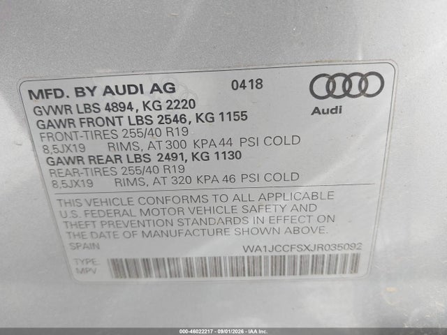 Продажа на аукционе авто 2018 Audi Q3, vin: WA1JCCFSXJR035092, номер лота: 46022217
