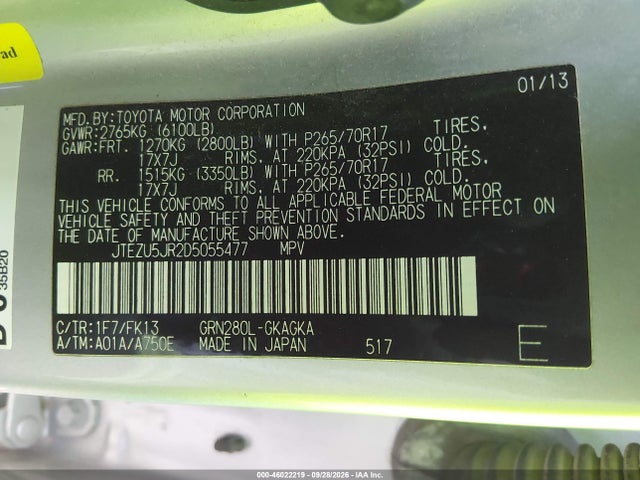 Aukcja sprzedaży 2013 Toyota 4runner Sr5, vin: JTEZU5JR2D5055477, numer aukcji: 46022219