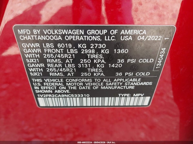 2022 Volkswagen Atlas 3.6l V6 Sel Premium R-line მანქანა იყიდება აუქციონზე, vin: 1V2FR2CA9NC533310, აუქციონის ნომერი: 46022224