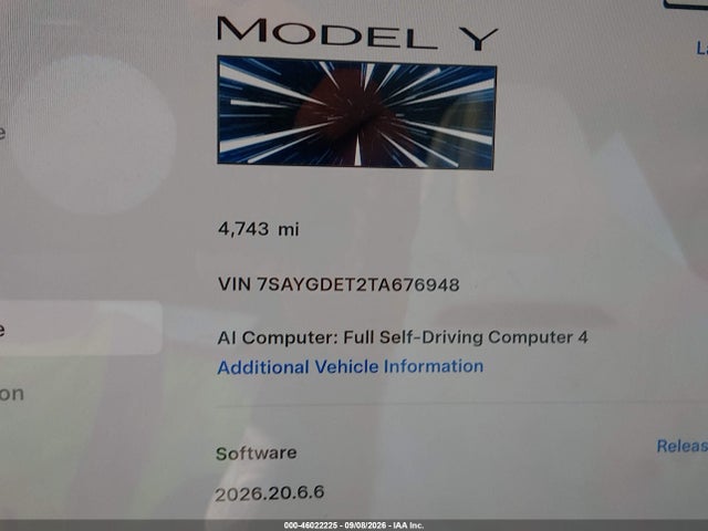Aukcja sprzedaży 2026 Tesla Model Y Performance All-wheel Drive, vin: 7SAYGDET2TA676948, numer aukcji: 46022225