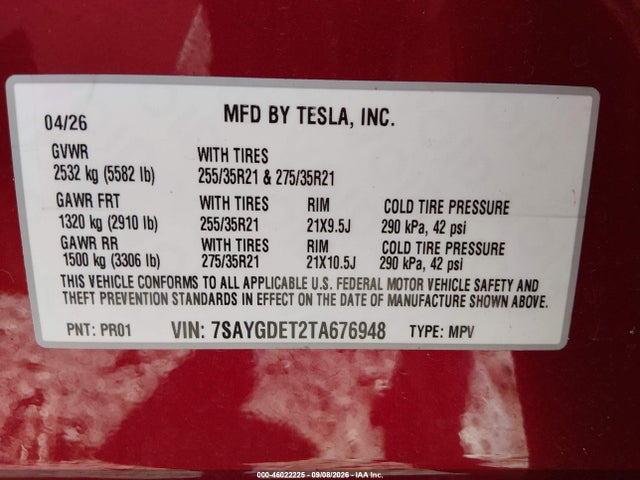 Aukcja sprzedaży 2026 Tesla Model Y Performance All-wheel Drive, vin: 7SAYGDET2TA676948, numer aukcji: 46022225