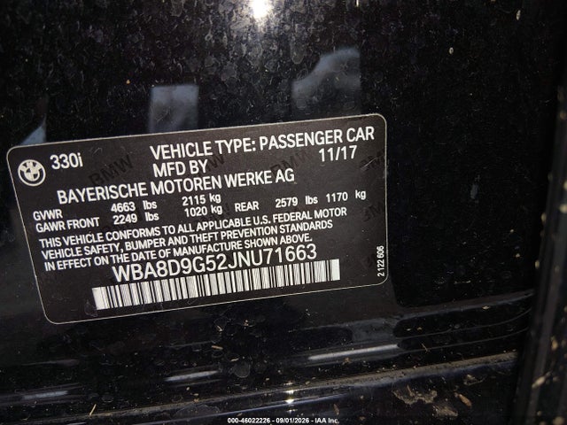 2018 Bmw 330i Xdrive მანქანა იყიდება აუქციონზე, vin: WBA8D9G52JNU71663, აუქციონის ნომერი: 46022226