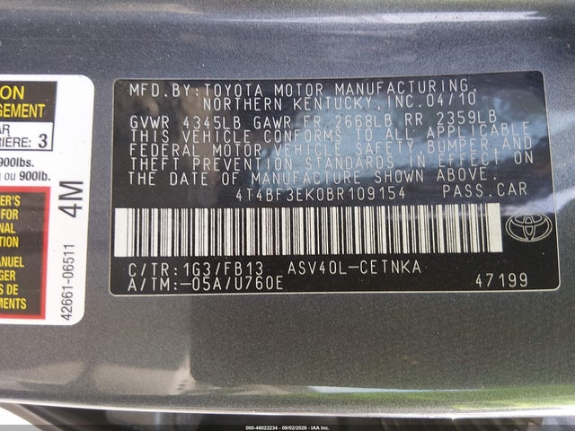 46022234 :رقم المزاد ، 4T4BF3EK0BR109154 vin ، 2011 Toyota Camry Le مزاد بيع