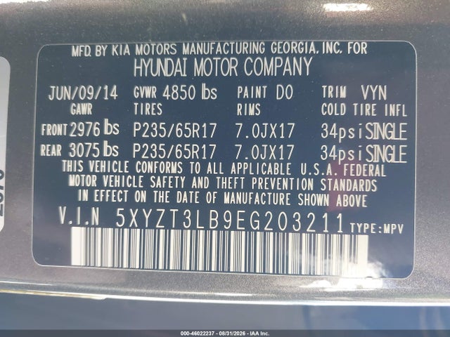 Aukcja sprzedaży 2014 Hyundai Santa Fe Sport 2.4l, vin: 5XYZT3LB9EG203211, numer aukcji: 46022237