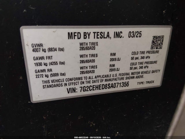 46022249 :رقم المزاد ، 7G2CEHED8SA071356 vin ، 2025 Tesla Cybertruck All-wheel Drive مزاد بيع