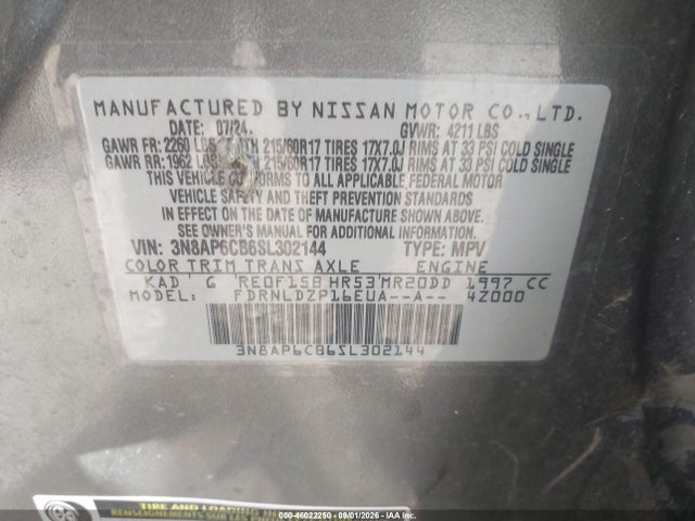46022250 :رقم المزاد ، 3N8AP6CB6SL302144 vin ، 2025 Nissan Kicks Sv Intelligent Awd مزاد بيع