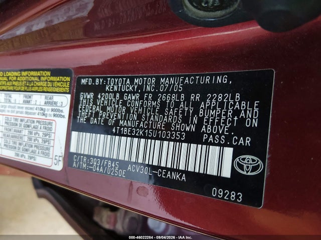 2005 Toyota Camry Le მანქანა იყიდება აუქციონზე, vin: 4T1BE32K15U103353, აუქციონის ნომერი: 46022284