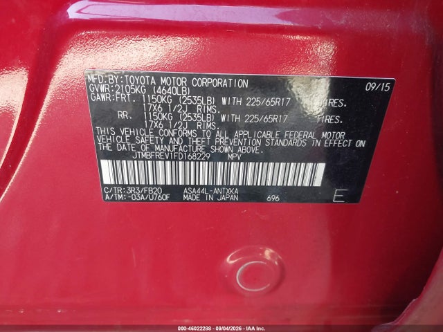 46022288 :رقم المزاد ، JTMBFREV1FD168229 vin ، 2015 Toyota Rav4 Le مزاد بيع