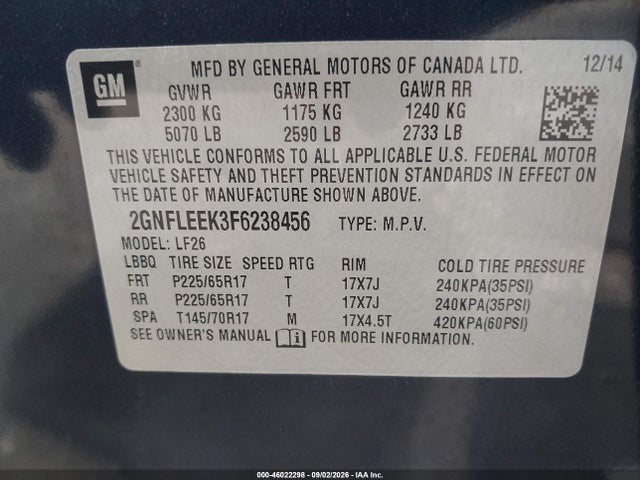 Продажа на аукционе авто 2015 Chevrolet Equinox Ls, vin: 2GNFLEEK3F6238456, номер лота: 46022298