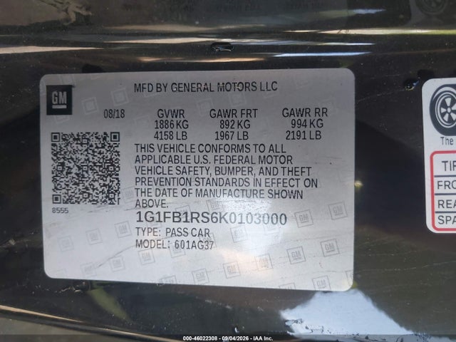 46022308 :رقم المزاد ، 1G1FB1RS6K0103000 vin ، 2019 Chevrolet Camaro 1lt مزاد بيع