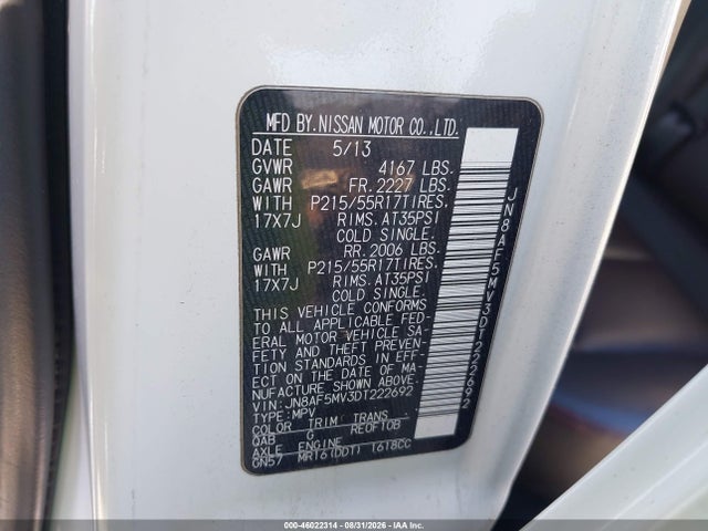 Продажа на аукционе авто 2013 Nissan Juke Sl, vin: JN8AF5MV3DT222692, номер лота: 46022314