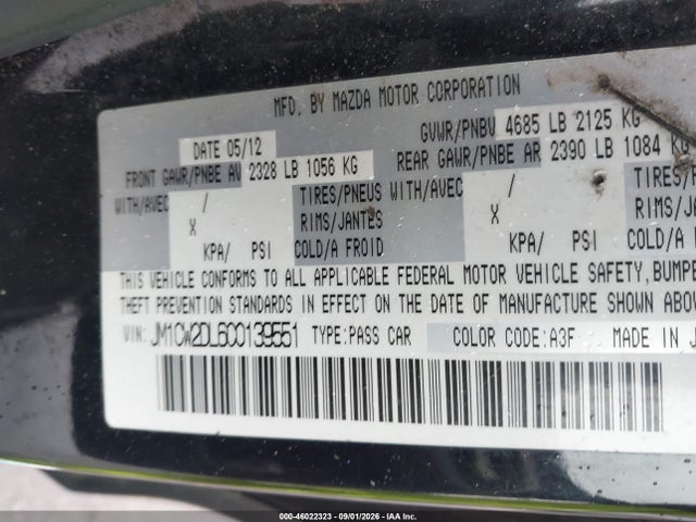 Auction sale of the 2012 Mazda Mazda5 Grand Touring, vin: JM1CW2DL6C0139551, lot number: 46022323