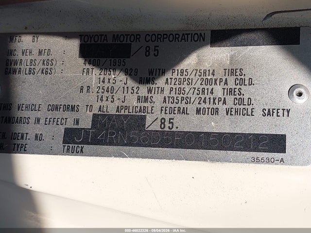 Продаж на аукціоні авто 1985 Toyota Pickup Xtracab Rn56 Dlx, vin: JT4RN56D5F0150212, номер лоту: 46022326